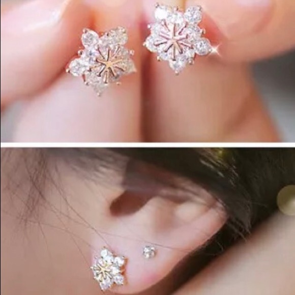 925 Sterling Silver CZ Rose Gold Snowflake Studs - Picture 2 of 5